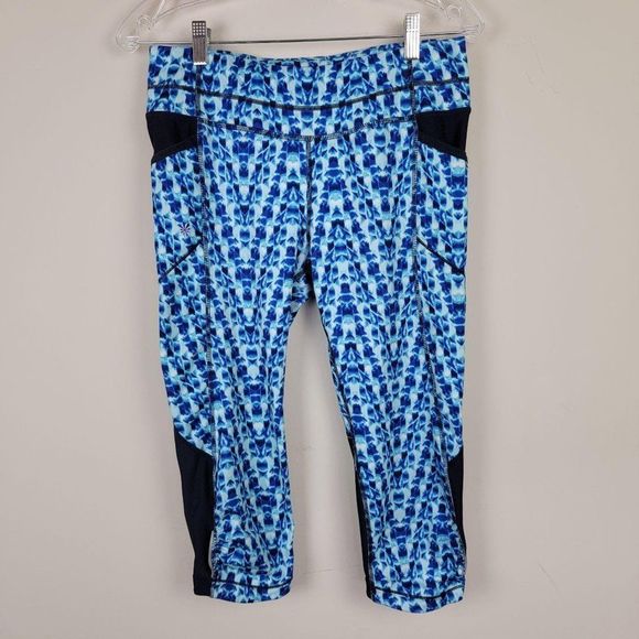 Athleta Blue White Geometric Pockets Leggings MT - Picture 1 of 11